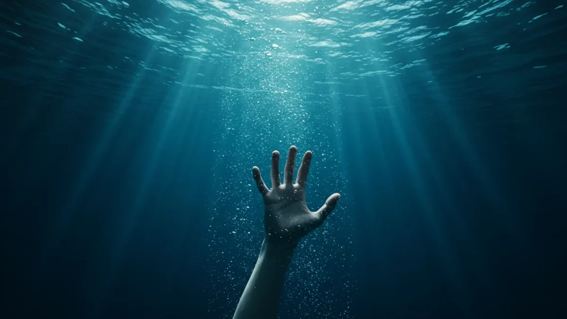 Mão estendida sob a água, simbolizando desespero, revela o que significa sonhar com afogamento. Um sonho com afogamento reflete luta e vulnerabilidade em meio à escuridão aquática.
